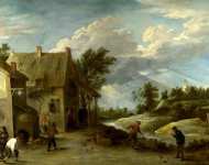 David Teniers the Younger - Peasants playing Bowls outside a Village Inn